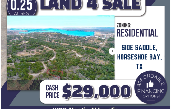 0.29ac lot near Lake LBJ in Horseshoe Bay TX– HOA RV campground, nature trails & other amenities! Similar lots sell for $45,000. ON SALE for only $23,000 Cash or Finance for $5,750 down and $319.57 monthly payments