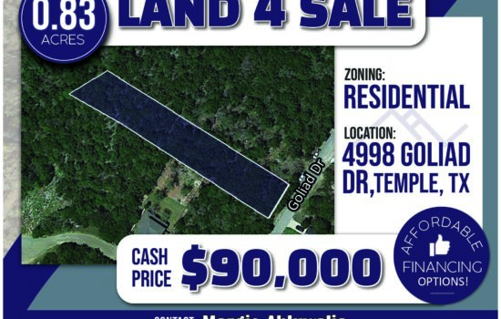 0.83ac lot in Temple, TX- Centrally located between Austin, Waco and Dallas! – Similar lots sell for $105,000. On sale for only  $90,000 Cash or Finance with $22,500 Down and $892.02 monthly payments!