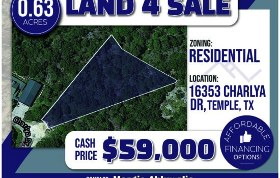 0.63ac lot in Temple TX– Centrally located between Austin, Waco and Dallas! Similar sized lots sell for $80,000. On Sale for $59,000 Cash or Finance with $14,750 down and $584.77 monthly payments.