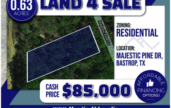 0.63 acre lot in Bastrop TX. Just 40 mins from Austin. Similar lots sell for $220,000. On Sale for only $85,000 Cash or Finance today with $21,500 down and $842.46 monthly payments