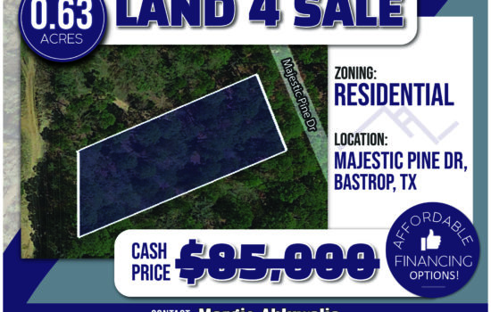 0.63 acre lot in Bastrop TX. Just 40 mins from Austin. Similar lots sell for $85,000. On Sale for only $49,900 Cash or Finance today with $12,475 down and $447.26 monthly payments