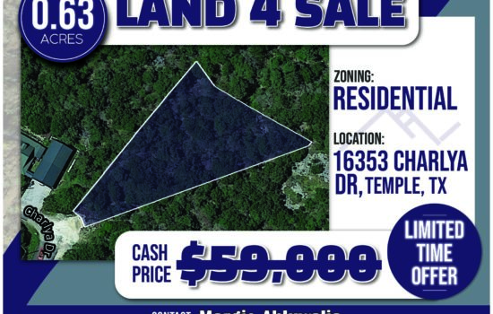 0.63ac lot in Temple TX– Centrally located between Austin, Waco and Dallas! Similar sized lots sell for $80,000. On Sale for $39,000 Cash or Finance with $9,750 down and $458.58 monthly payments.