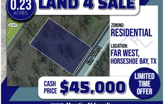 0.23 acre lot in amenity rich Horseshoe Bay, TX– Austin just 1 hour away! Similar lot listed for $80,000. On Sale for $45,000 Cash OR Finance for $11,250 down and $560.29 monthly payment!